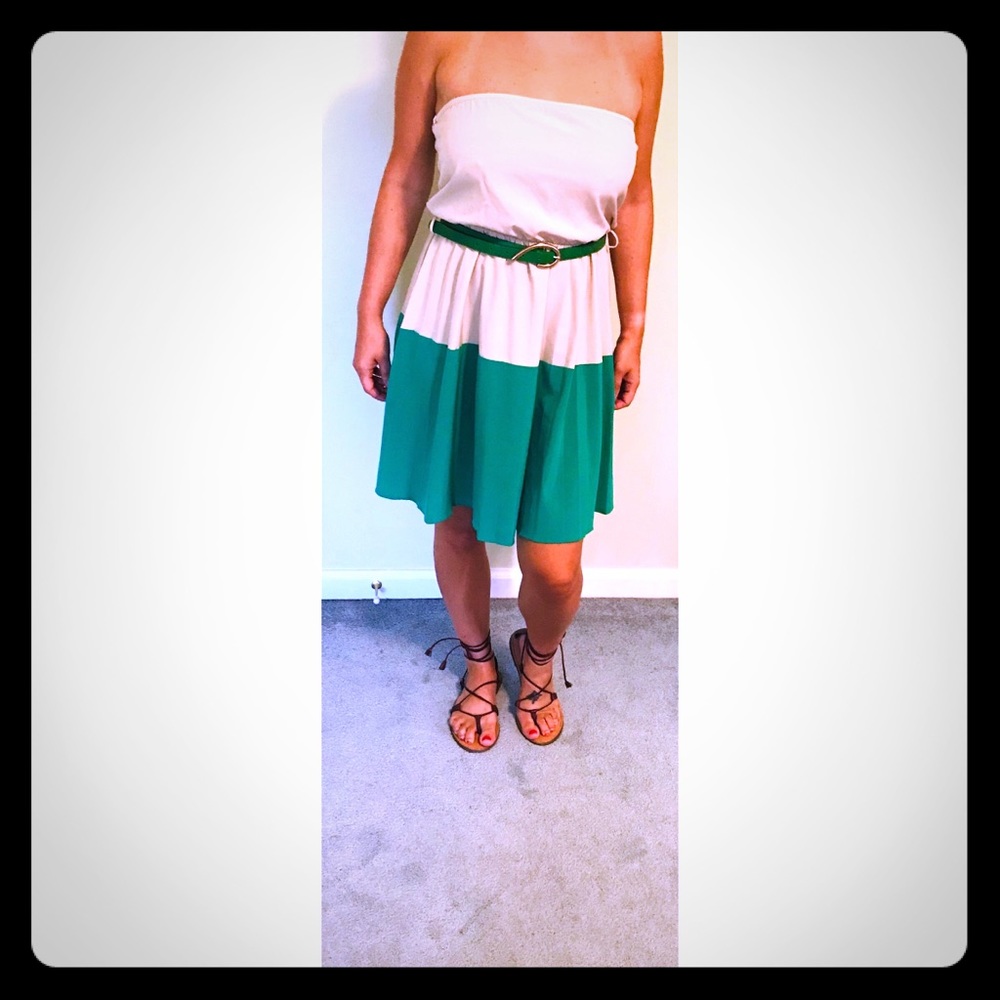 Green/Tan Color block, Strapless, Above Knee Dress